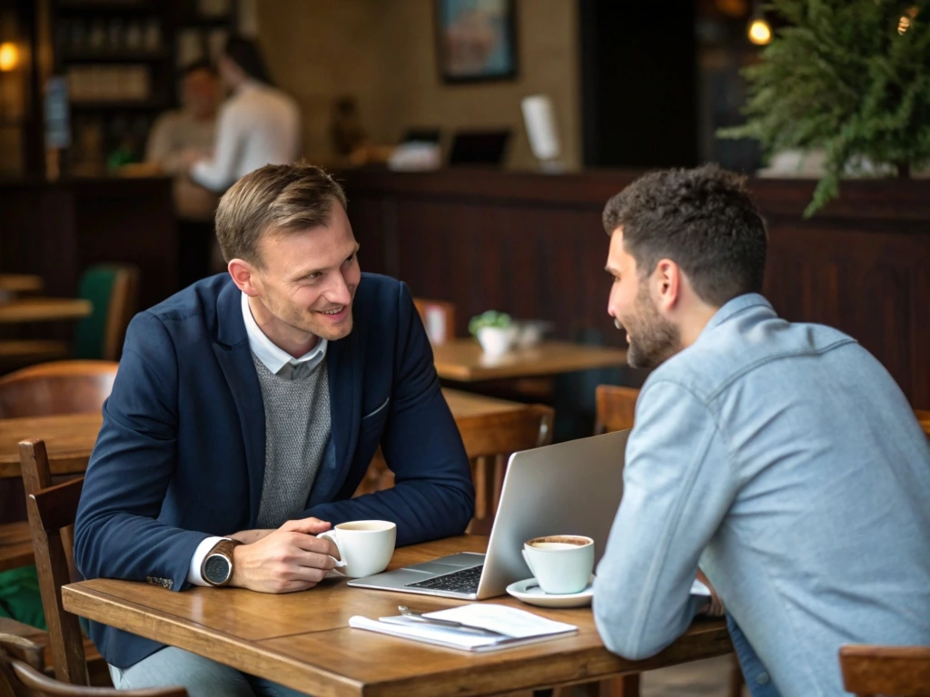 a lawyer meeting with a client over coffee